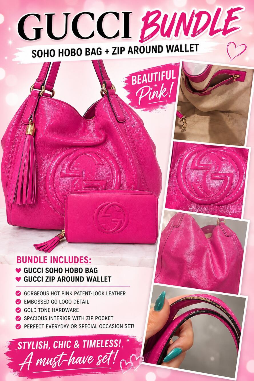 LS018 Gucci Hot Pink Soho Bag & Wallet Bundle*Patent Bag*Calf Skin Zippy Wallet